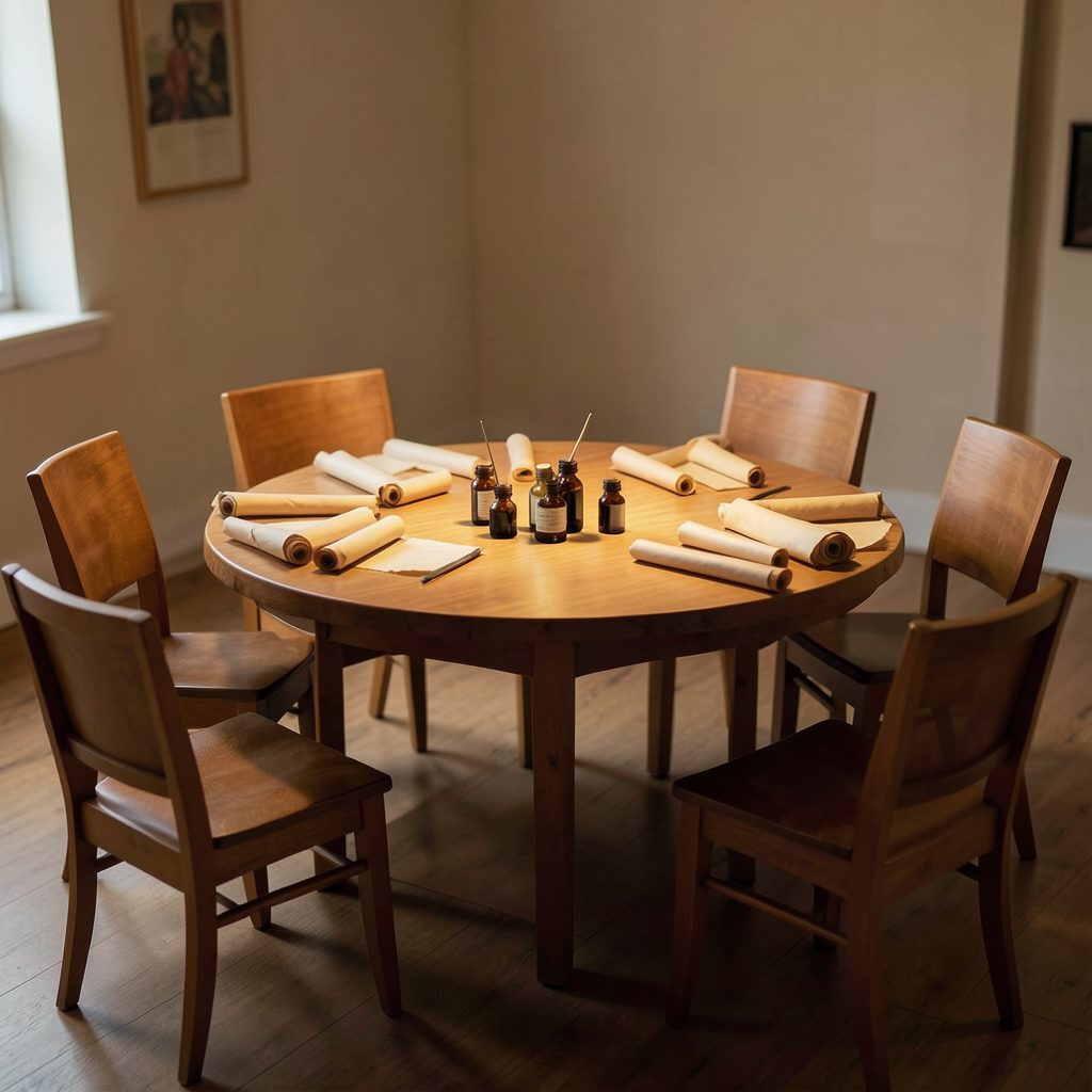 A warm, softly lit round table surrounded by empty chairs, with parchment scrolls and ink bottles scattered across the surface, evoking a quiet writers' gathering.