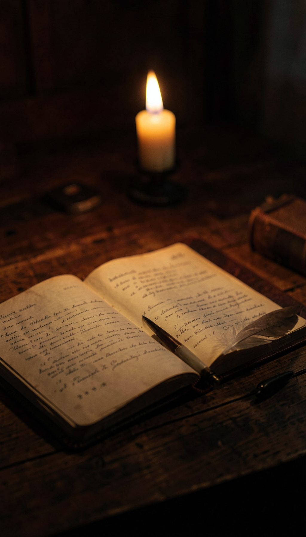 A dimly lit wooden desk with an open leather-bound journal, a quill resting beside it, and warm amber candlelight casting soft shadows across the surface