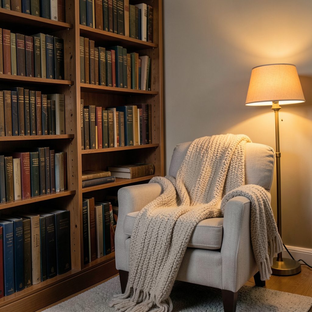 A cozy reading nook with a tall bookshelf filled with worn hardcover books, a comfortable armchair draped with a knitted throw blanket, and warm amber light pooling across the scene.